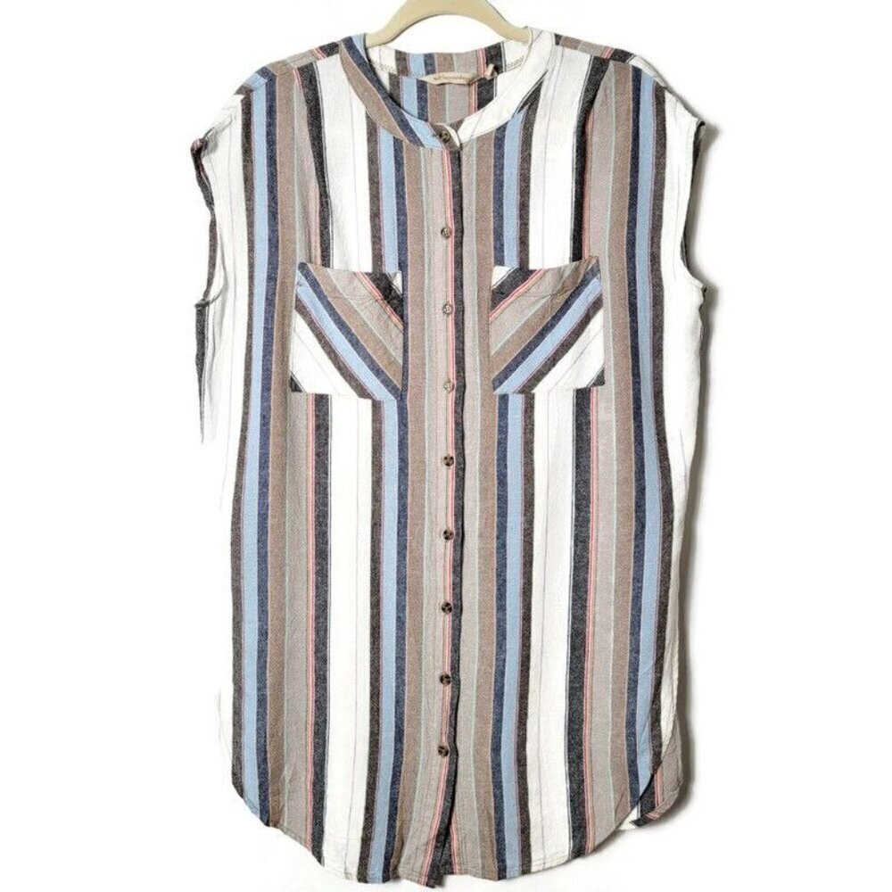 Soft Surroundings Striped Linen Blend Lagenlook Boho Long Slit Tunic Tank Top M